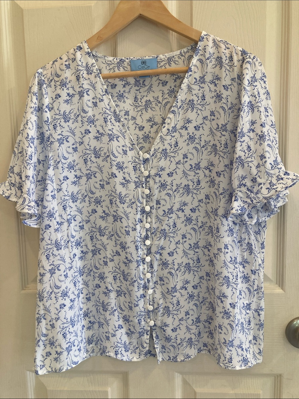 CeCe White Blouse with Blue Floral Print and Button Front